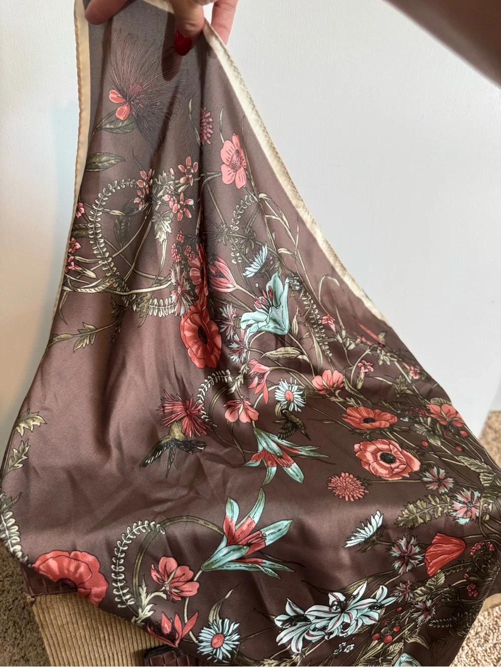 Floral Satin Scarf in Brown with Coral & Mint Flowers